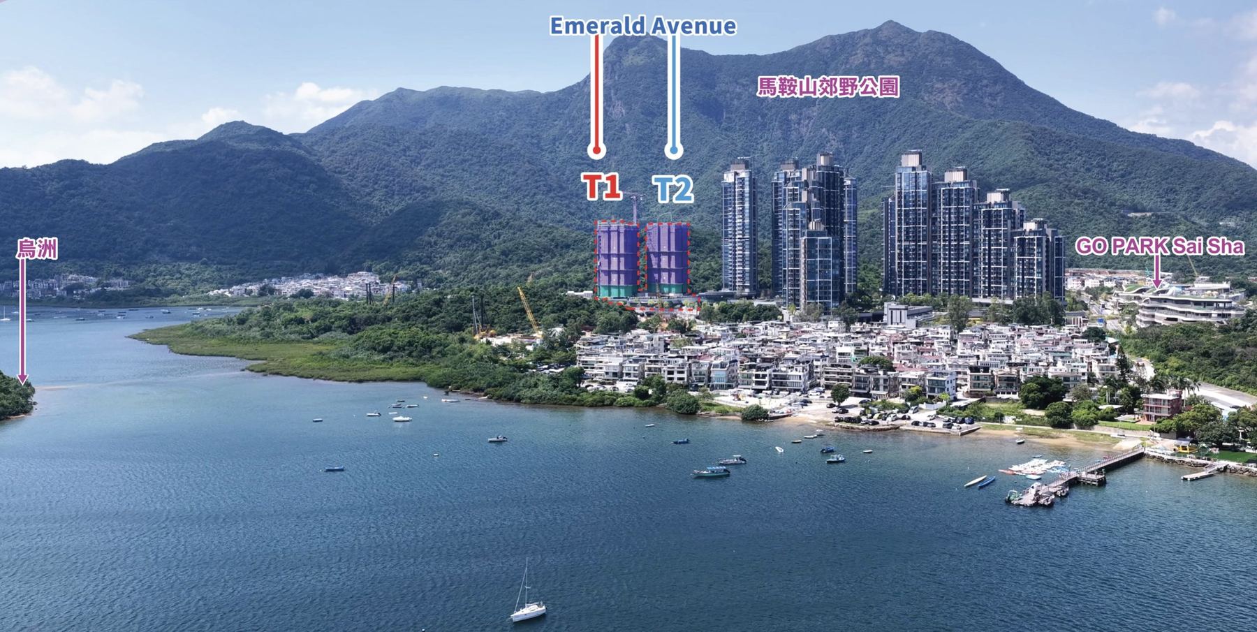 Emerald Avenue 兩座位置航拍，背後係馬鞍山郊野公園
